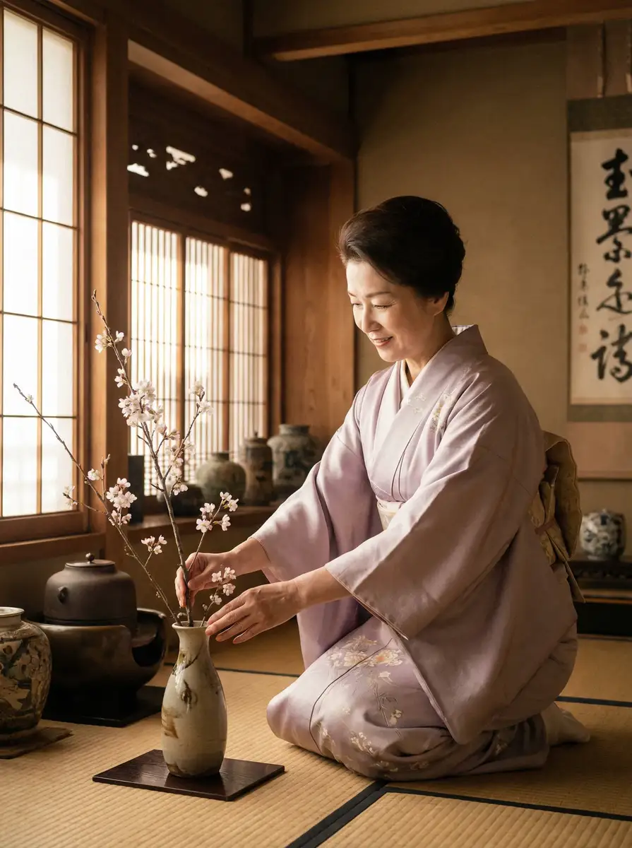 一位优雅的 妈妈做爱 在和室中插花